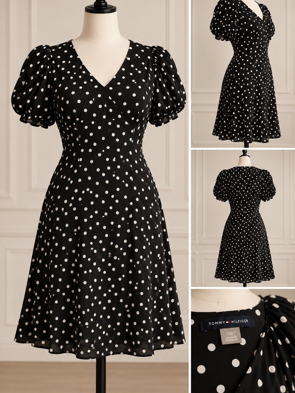Tommy Hilfiger Black White Polka Dot Puff Sleeve Dress Size 12